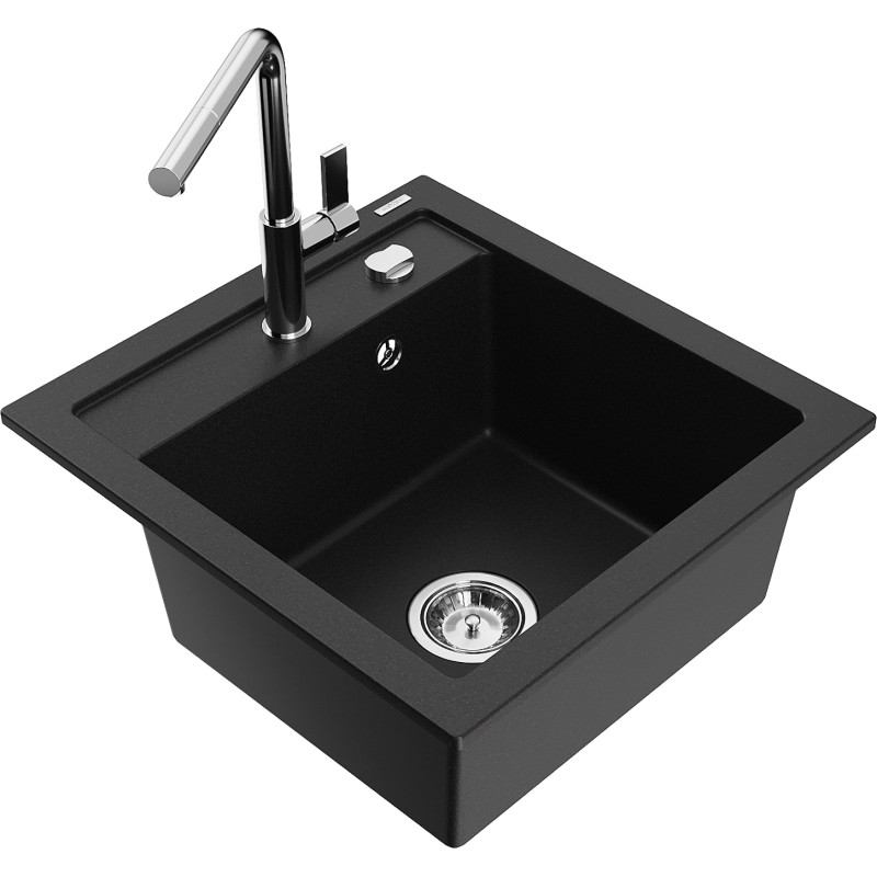 Mexen Vito granite kitchen sink with 1 chamber and Flora kitchen faucet, black - 6503-77-670401-00