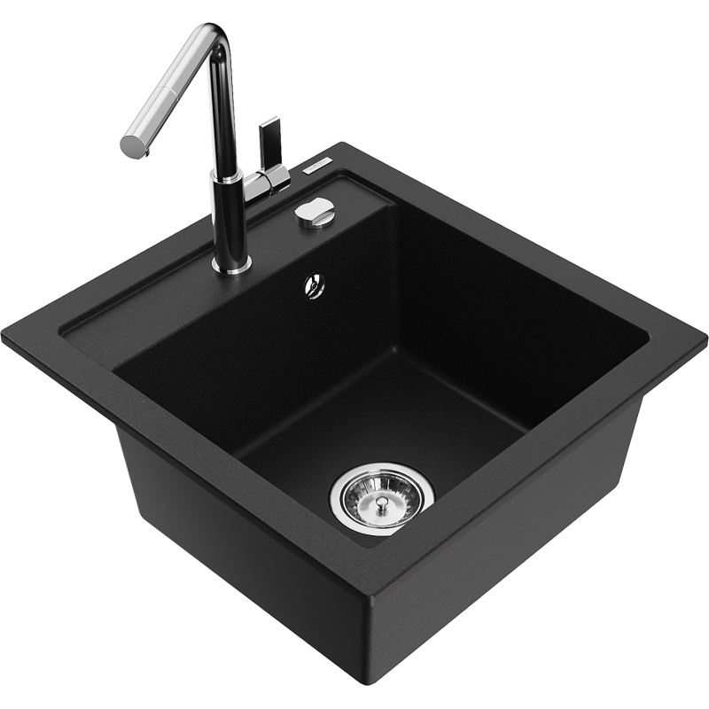 Mexen Vito granite sink 1-bowl with Flora kitchen tap, black - 6503-77-670401-00