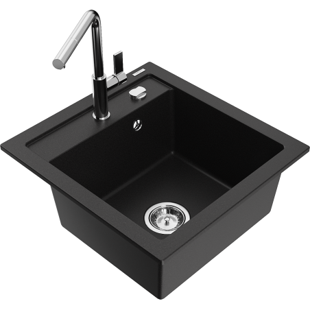 Mexen Vito granite kitchen sink with 1 chamber and Flora kitchen faucet, black - 6503-77-670401-00