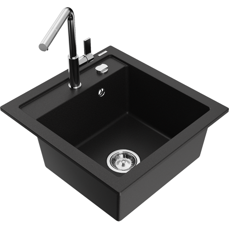 Mexen Vito granite sink 1-bowl with Flora kitchen tap, black - 6503-77-670401-00