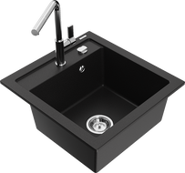 Mexen Vito granite sink 1-bowl with Flora kitchen tap, black - 6503-77-670401-00