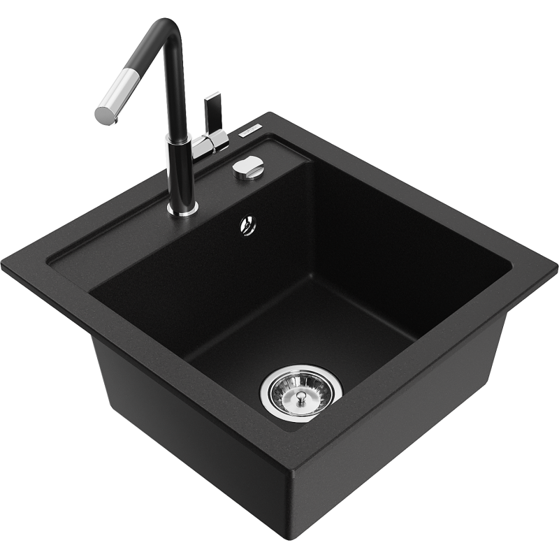 Mexen Vito 1-bowl granite sink with Flora kitchen tap, black - 6503-77-670401-07