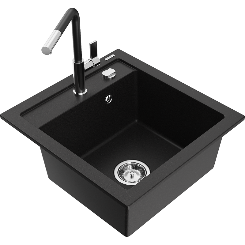 Mexen Vito 1-compartment granite sink with a kitchen mixer tap Flora, Black - 6503-77-670401-07