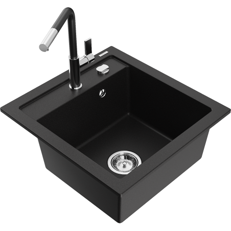 Mexen Vito 1-bowl granite sink with Flora kitchen faucet, black - 6503-77-670401-07