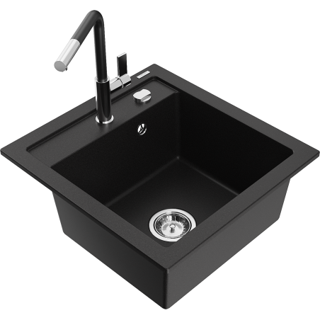 Mexen Vito 1-bowl granite sink with Flora kitchen tap, black - 6503-77-670401-07