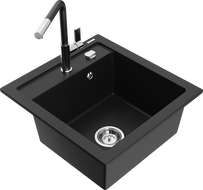 Mexen Vito 1-compartment granite sink with a kitchen mixer tap Flora, Black - 6503-77-670401-07