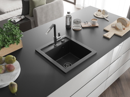Mexen Vito granit sink 1-bowl with Flora kitchen faucet, black - 6503-77-670401-07-B