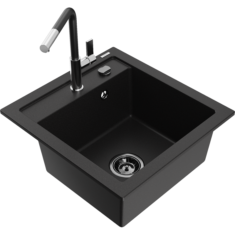 Mexen Vito granite sink 1-bowl with Flora kitchen tap, black - 6503-77-670401-07-B