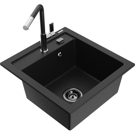 Mexen Vito granit sink 1-bowl with Flora kitchen faucet, black - 6503-77-670401-07-B