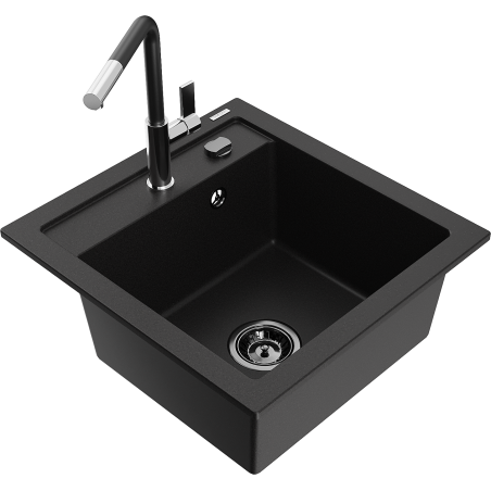 Mexen Vito granite sink 1-bowl with Flora kitchen tap, black - 6503-77-670401-07-B