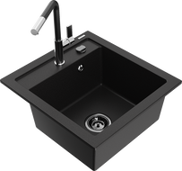 Mexen Vito granit sink 1-bowl with Flora kitchen faucet, black - 6503-77-670401-07-B