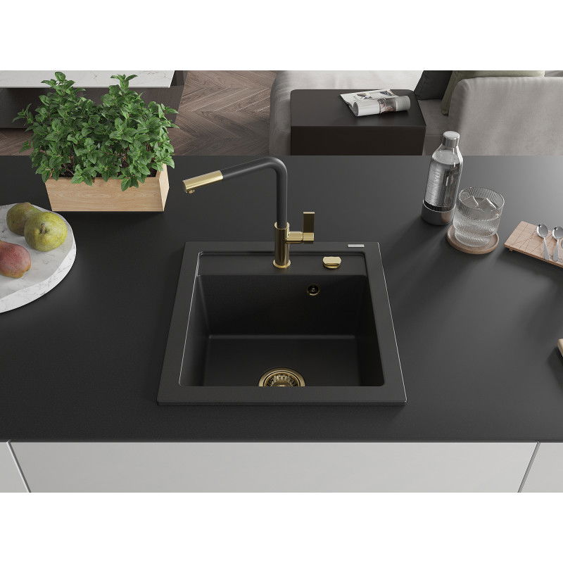 Mexen Vito 1-bowl Granite Sink with Flora Kitchen Tap, Black - 6503-77-670401-57-G
