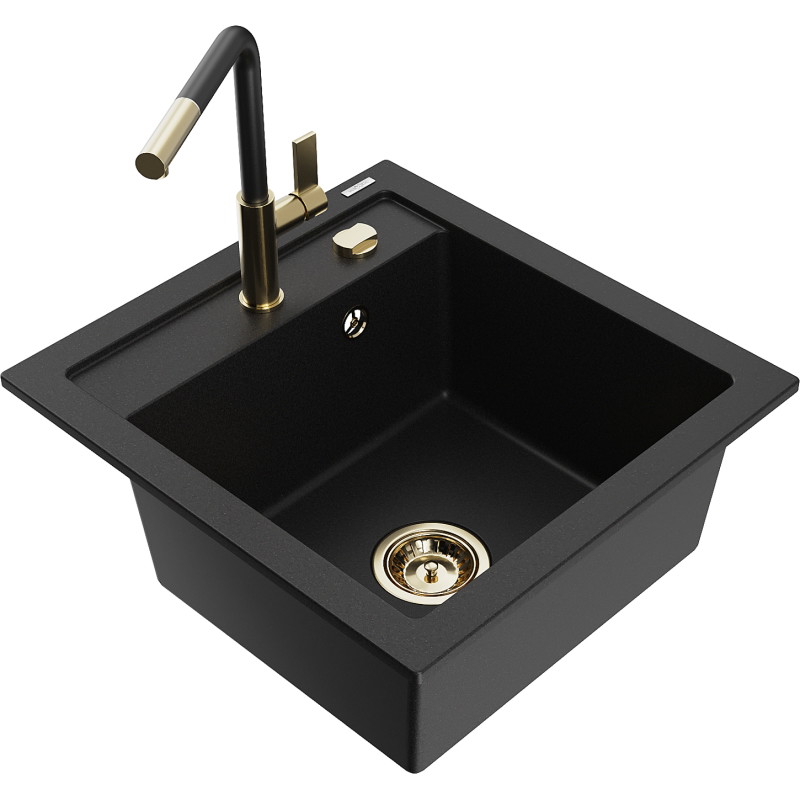 Mexen Vito 1-Bowl Granite Sink with Flora Kitchen Faucet, Black - 6503-77-670401-57-G