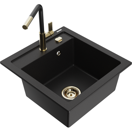 Mexen Vito 1-compartment granite sink with a kitchen mixer tap Flora, Black - 6503-77-670401-57-G