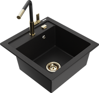Mexen Vito 1-compartment granite sink with a kitchen mixer tap Flora, Black - 6503-77-670401-57-G
