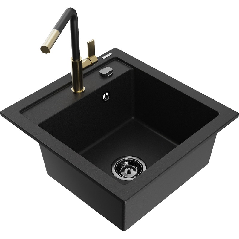 Mexen Vito 1-Bowl Granite Sink with Flora Kitchen Faucet, Black - 6503-77-670401-57-B