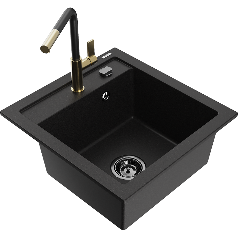 Mexen Vito 1-compartment granite sink with a kitchen mixer tap Flora, Black - 6503-77-670401-57-B