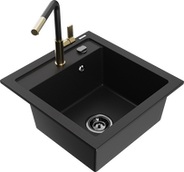 Mexen Vito granite kitchen sink 1-bowl with Flora kitchen faucet, black - 6503-77-670401-57-B