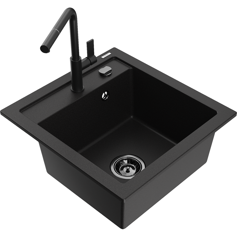 Mexen Vito granite kitchen sink 1-bowl with Flora kitchen tap, black - 6503-77-670401-70-B
