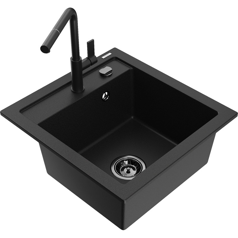 Mexen Vito granite kitchen sink single-bowl with Flora faucet, black - 6503-77-670401-70-B