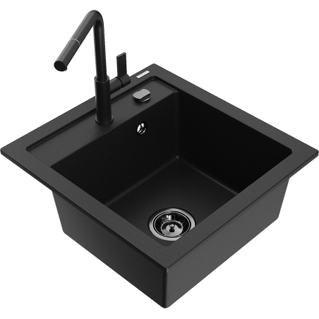 Mexen Vito granite kitchen sink single-bowl with Flora faucet, black - 6503-77-670401-70-B