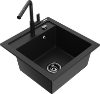 Mexen Vito granite kitchen sink single-bowl with Flora faucet, black - 6503-77-670401-70-B