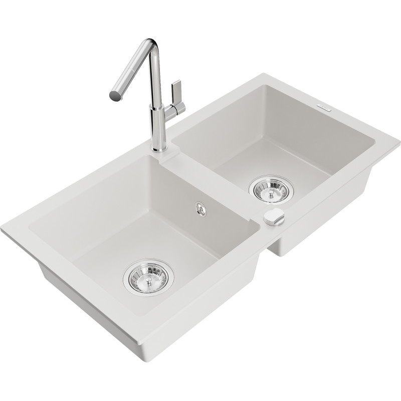 Mexen Mario granite 2-compartment sink with Flora kitchen faucet, white - 6504-20-670401-00