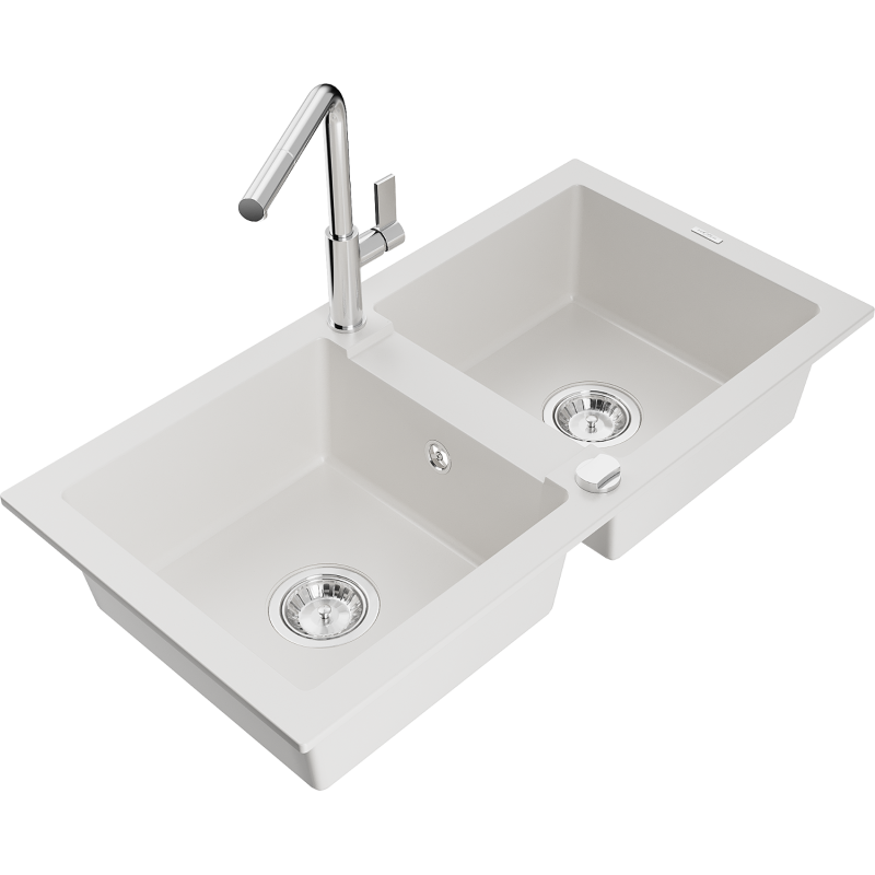 Mexen Mario granite kitchen sink 2-bowl with Flora kitchen tap, white - 6504-20-670401-00