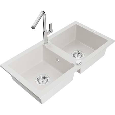 Mexen Mario granite kitchen sink 2-bowl with Flora kitchen tap, white - 6504-20-670401-00