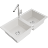 Mexen Mario granite double-bowl sink with Flora kitchen faucet, white - 6504-20-670401-00