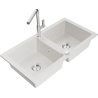 Mexen Mario granite kitchen sink 2-bowl with Flora kitchen tap, white - 6504-20-670401-00