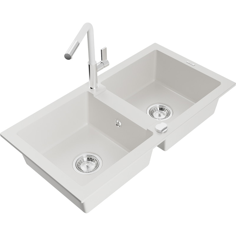 Mexen Mario granite double bowl sink with Flora kitchen faucet, white - 6504-20-670401-02