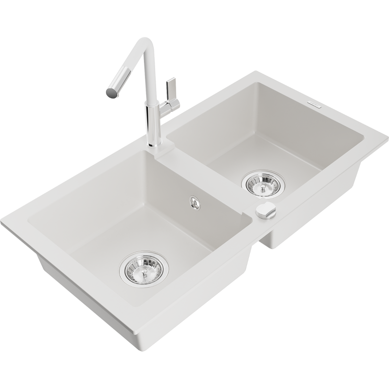 Mexen Mario granite sink 2-chamber with Flora kitchen tap, white - 6504-20-670401-02