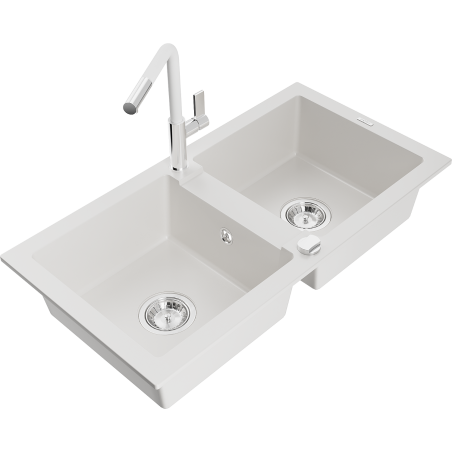 Mexen Mario granite double bowl sink with Flora kitchen faucet, white - 6504-20-670401-02