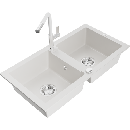 Mexen Mario granite sink 2-chamber with Flora kitchen tap, white - 6504-20-670401-02