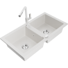 Mexen Mario granite double bowl sink with Flora kitchen faucet, white - 6504-20-670401-02