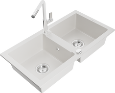 Mexen Mario granite double-bowl sink with Flora kitchen faucet, white - 6504-20-670401-02