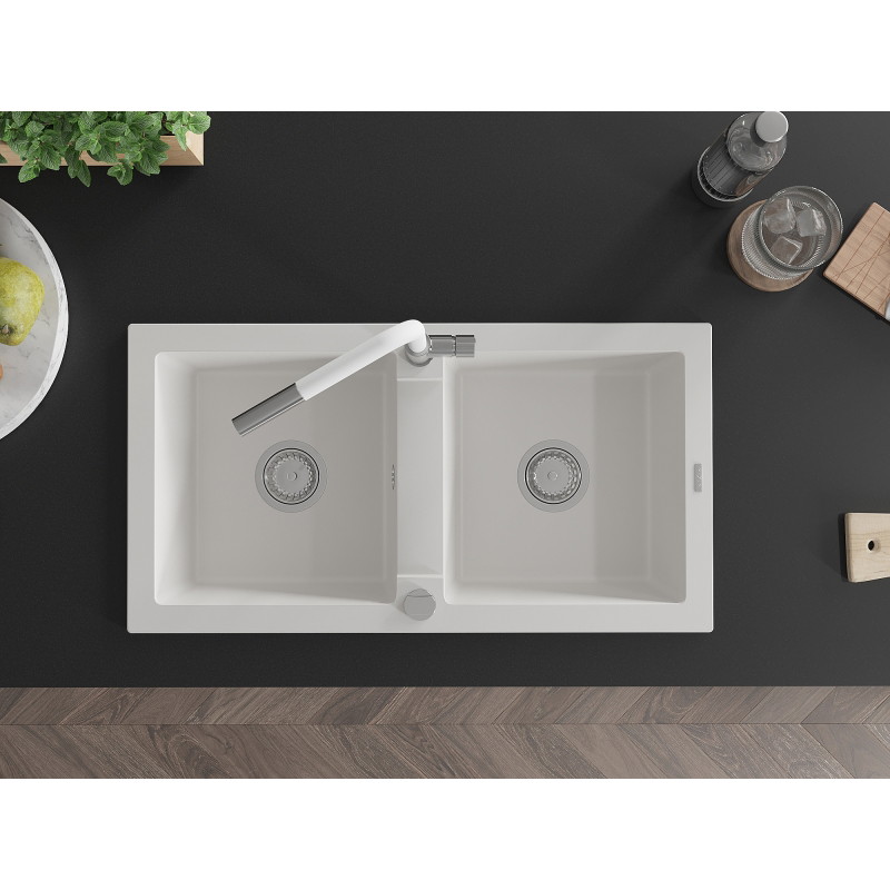Mexen Mario granite double bowl sink with Flora kitchen faucet, white - 6504-20-670401-02