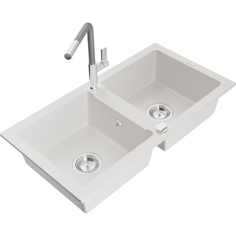 Mexen Mario 2-bowl Granite Sink with Flora Kitchen Faucet, White - 6504-20-670401-06