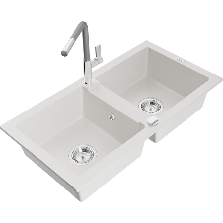Mexen Mario granite kitchen sink 2-bowl with Flora kitchen faucet, white - 6504-20-670401-06