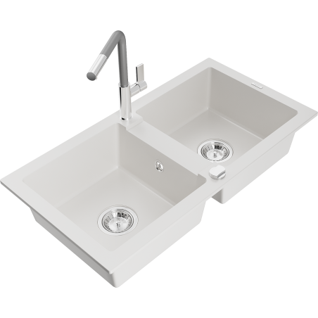 Mexen Mario granite sink with 2 bowls and Flora kitchen tap, white - 6504-20-670401-06