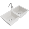 Mexen Mario 2-compartment granite sink with a kitchen mixer tap Flora, White - 6504-20-670401-06
