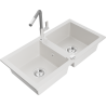 Mexen Mario granite sink with 2 bowls and Flora kitchen tap, white - 6504-20-670401-06
