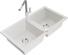 Mexen Mario granite sink with 2 bowls and Flora kitchen tap, white - 6504-20-670401-06