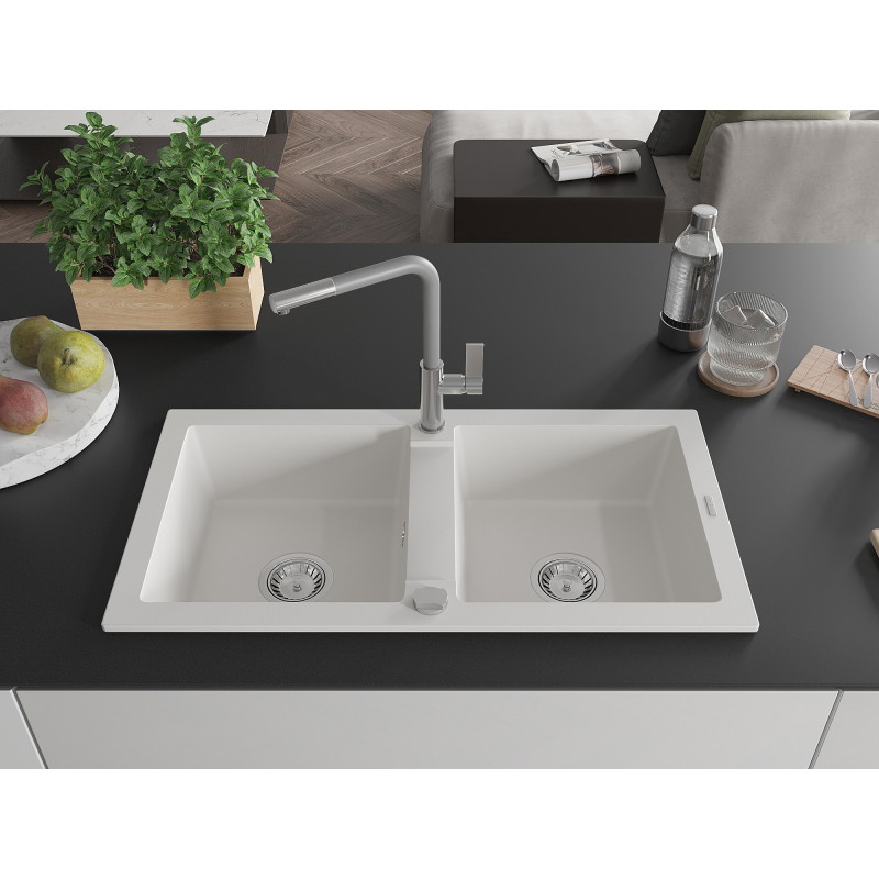 Mexen Mario 2-bowl Granite Sink with Flora Kitchen Faucet, White - 6504-20-670401-06