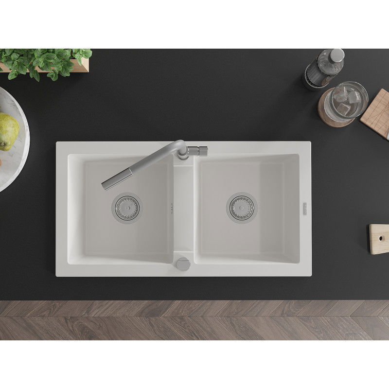 Mexen Mario granite sink with 2 bowls and Flora kitchen tap, white - 6504-20-670401-06