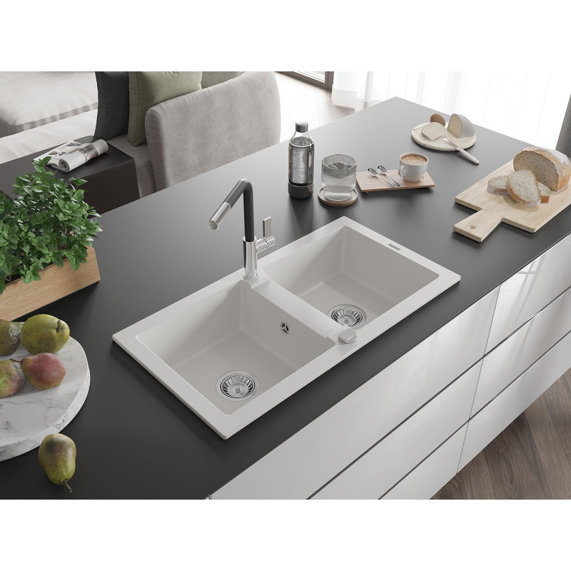 Mexen Mario granite double-bowl sink with Flora kitchen faucet, white - 6504-20-670401-07