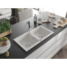 Mexen Mario granite double-bowl sink with Flora kitchen faucet, white - 6504-20-670401-07