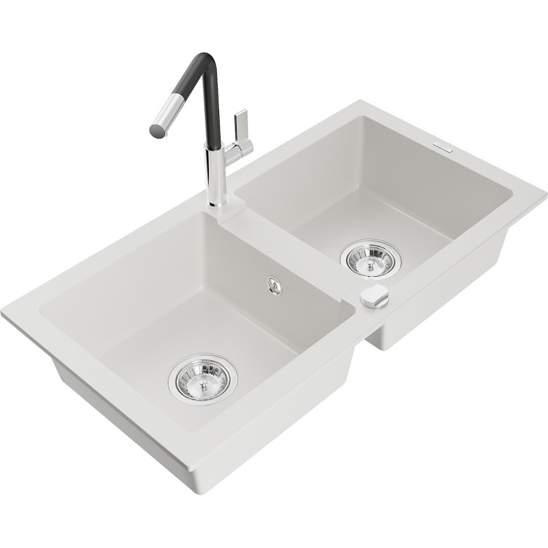 Mexen Mario granite double-bowl sink with Flora kitchen faucet, white - 6504-20-670401-07