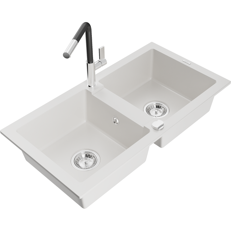 Mexen Mario granite sink, 2-bowl with Flora kitchen tap, white - 6504-20-670401-07